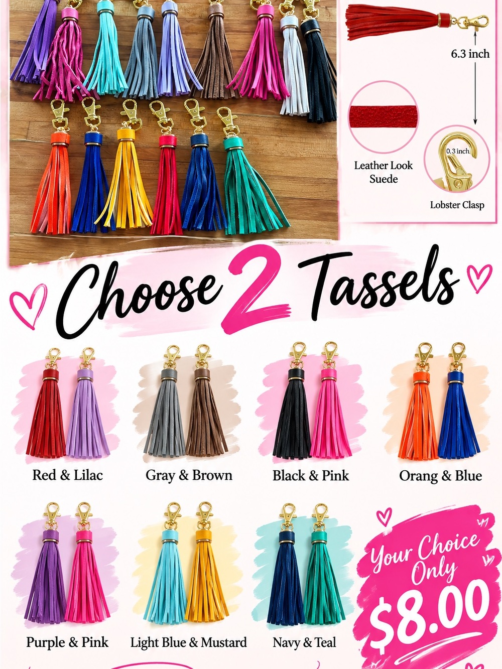 PU Leather Tassel Bag charm Choose 2 (Multiple Colors)